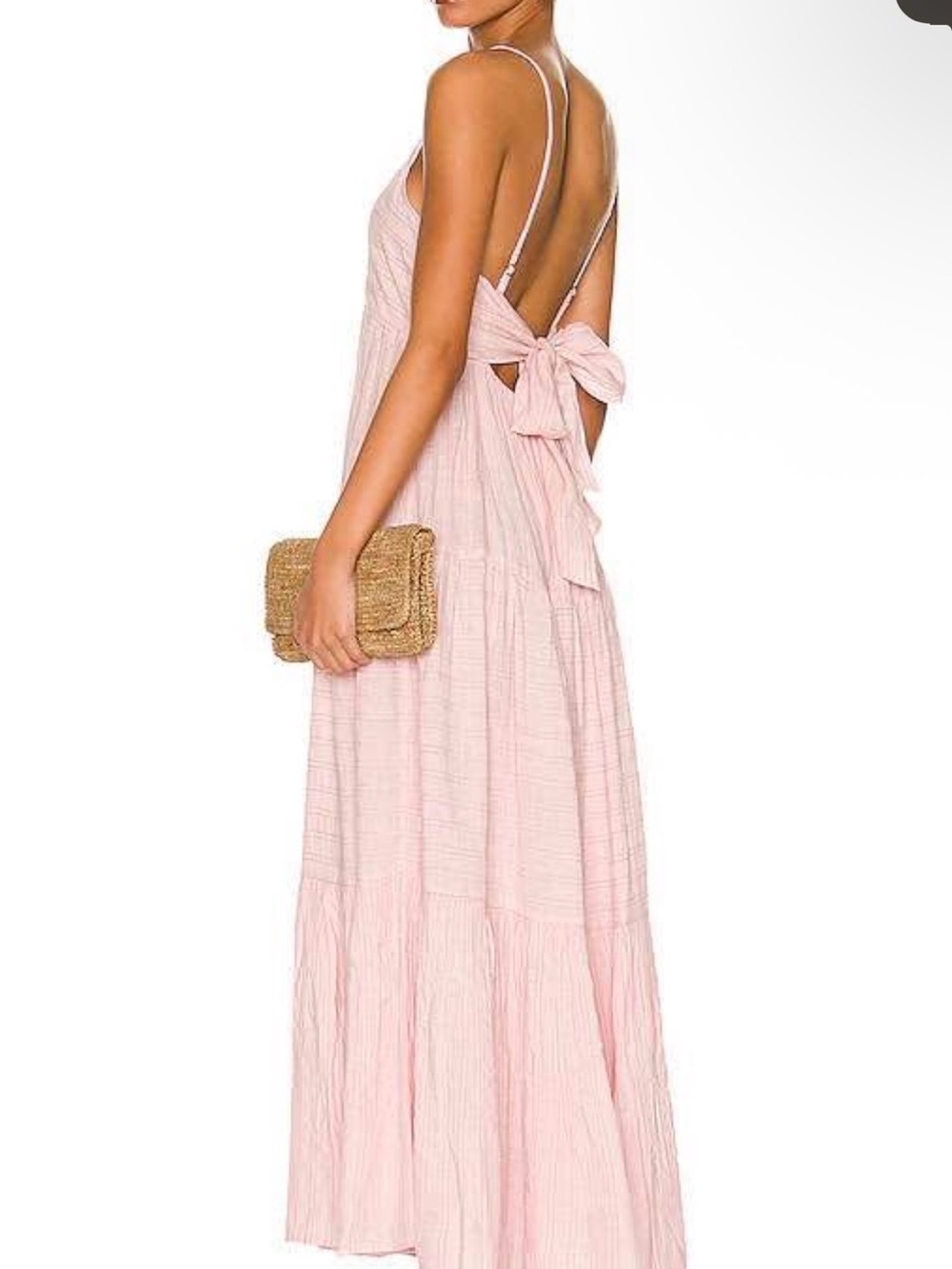 L*Space Santorini Rose Quartz Tiered Maxi Dress Tie Back Coastal Resort EUC